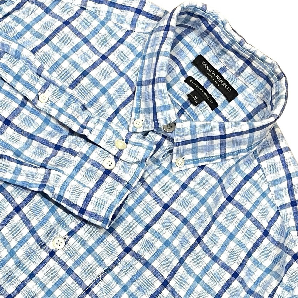 Banana Republic Camden Linen Shirt Mens M Standard Fit Blue Plaid Long Sleeve
